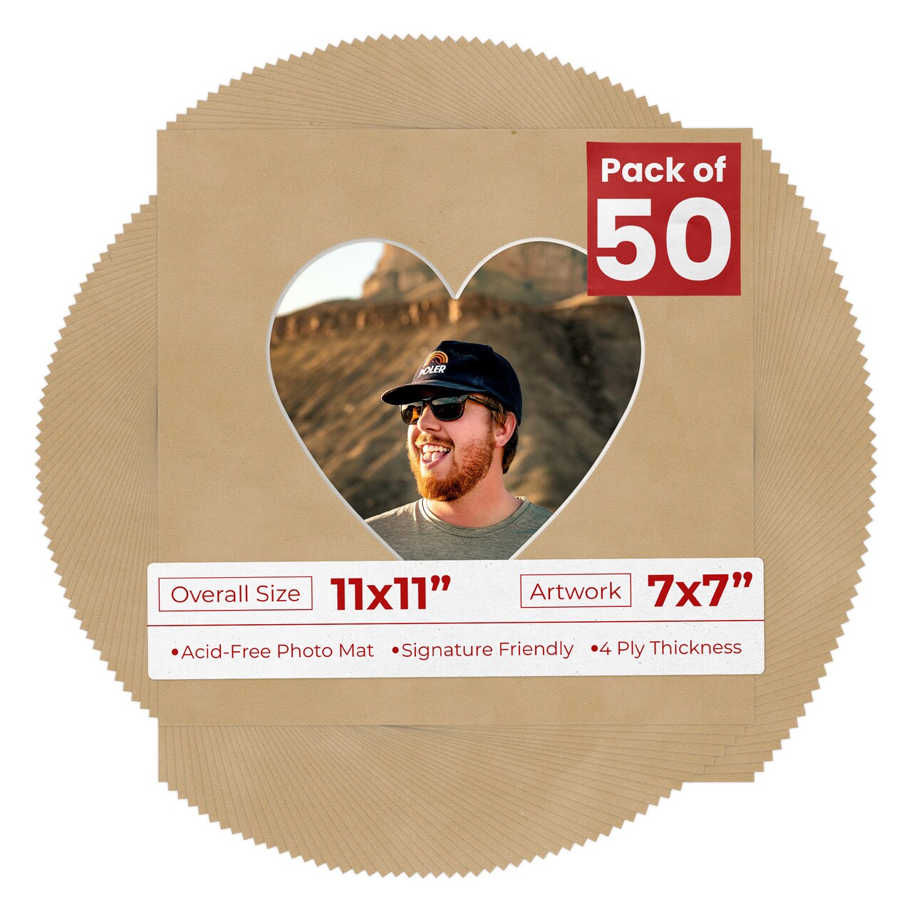 Beige Suede Mat Board for 11x11 Frames - Heart Opening for 7x7 Photos